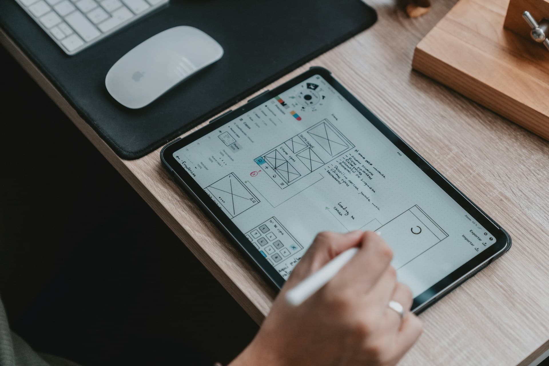 Person writing on a tablet