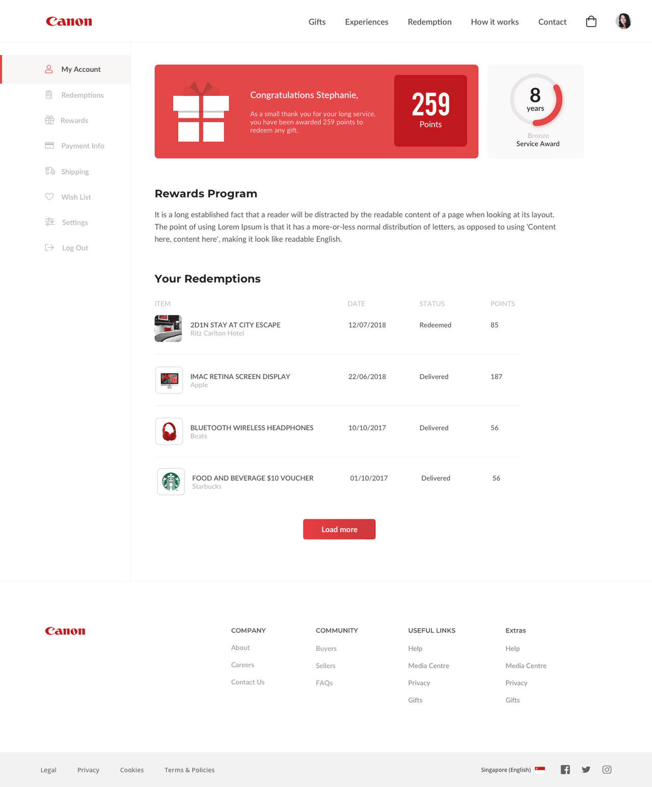 Canon rewards program my account page
